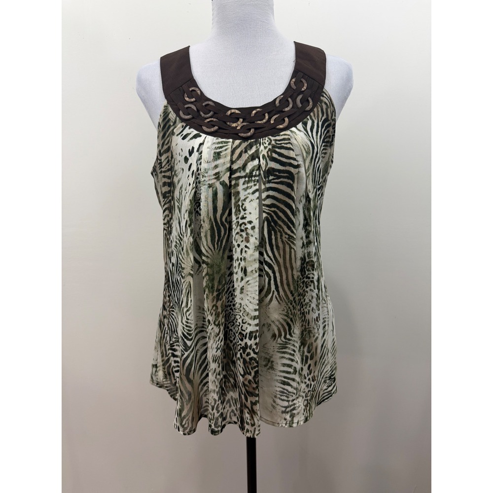 Signature by Larry Levine Animal Print Ring Neck Sleeveless Blouse Brown Small